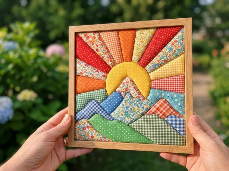 A finished Kinusaiga sunburst panel held out in two hands, ready to be given
