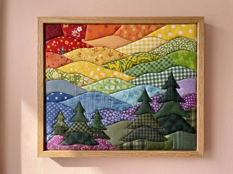 A finished Kinusaiga landscape panel framed in oak and hung on a wall