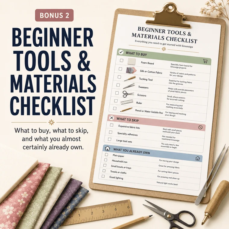 Bonus 2, the Beginner Tools and Materials Checklist: a clipboard listing what to buy, what to skip and what you already own, beside folded fabrics, a ruler and scissors