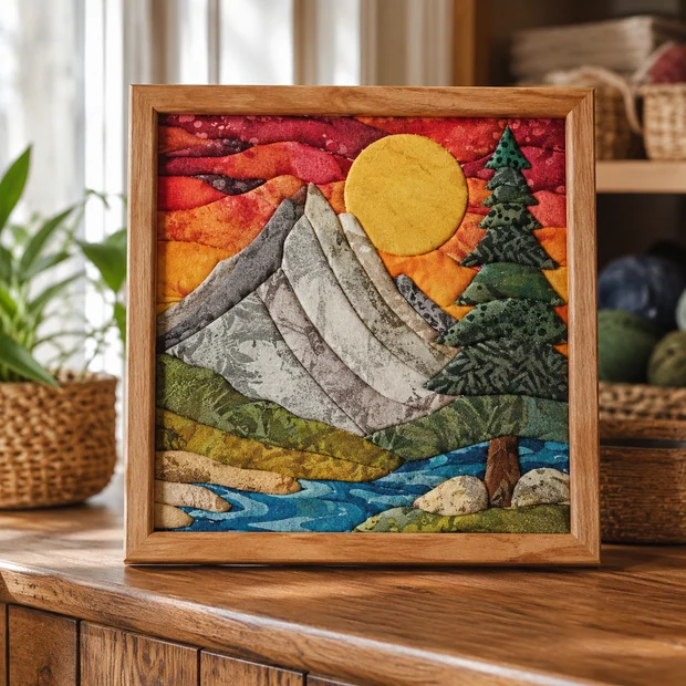 A framed Kinusaiga panel of a mountain at sunset, red sky and a pine tree, standing on a wooden shelf