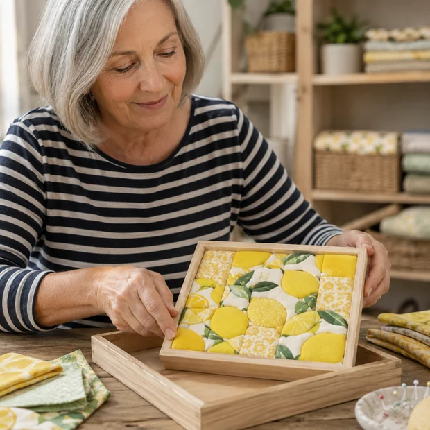 A maker at a work table tucking yellow fabric into a lemon panel, offcuts beside her