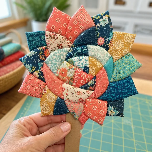 A hand holding a layered fabric flower built from coral, teal and cream patterned scraps