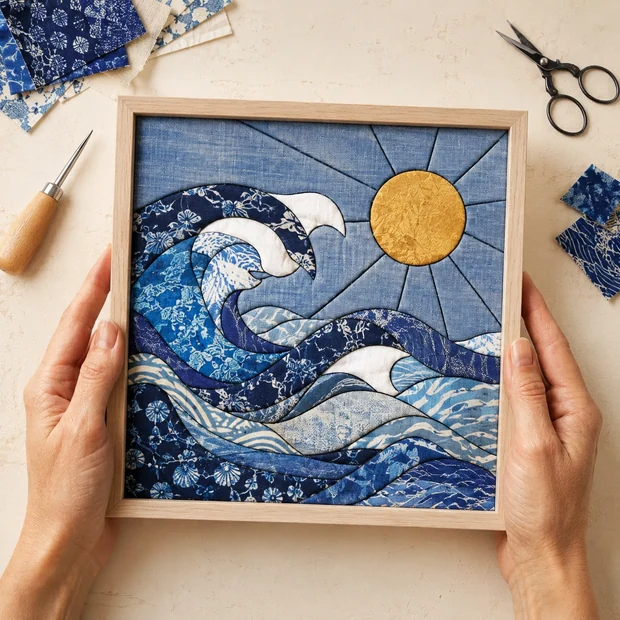 Hands holding a framed wave and sun panel in indigo prints, tucking tool and scraps on the table