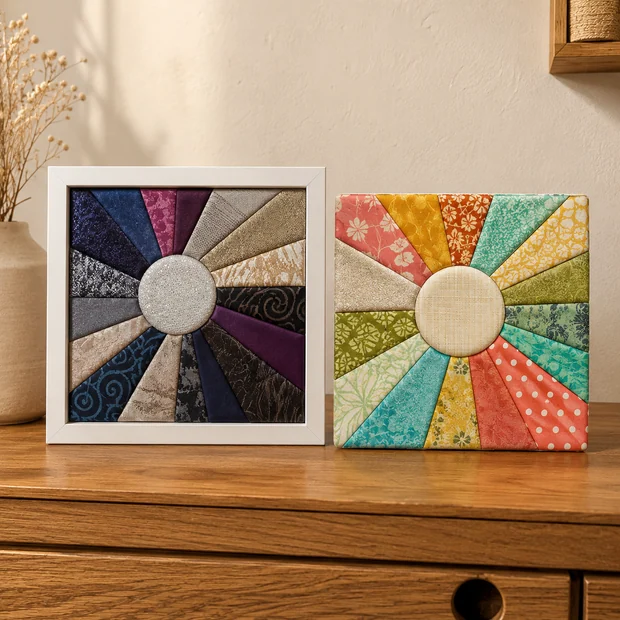 Two starburst panels on a shelf, one in cool greys and one in warm brights
