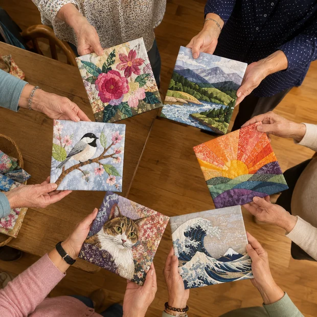 Six pairs of hands around a table, each holding a finished panel: a rose, a mountain, a chickadee, a sunset, a cat and a wave