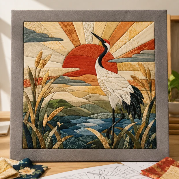 A framed panel of a crane standing in reeds against a red sun, with the printed pattern sheet below it