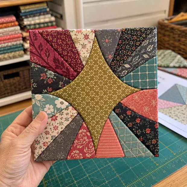 Hands holding a geometric star panel in olive, plum and cream prints on a cutting mat