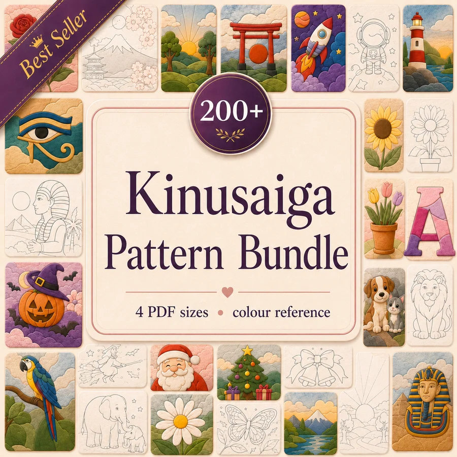 The Kinusaiga Pattern Bundle: 200 plus printable no-sew templates across flowers, animals, landscapes, alphabet, festive and Japanese designs