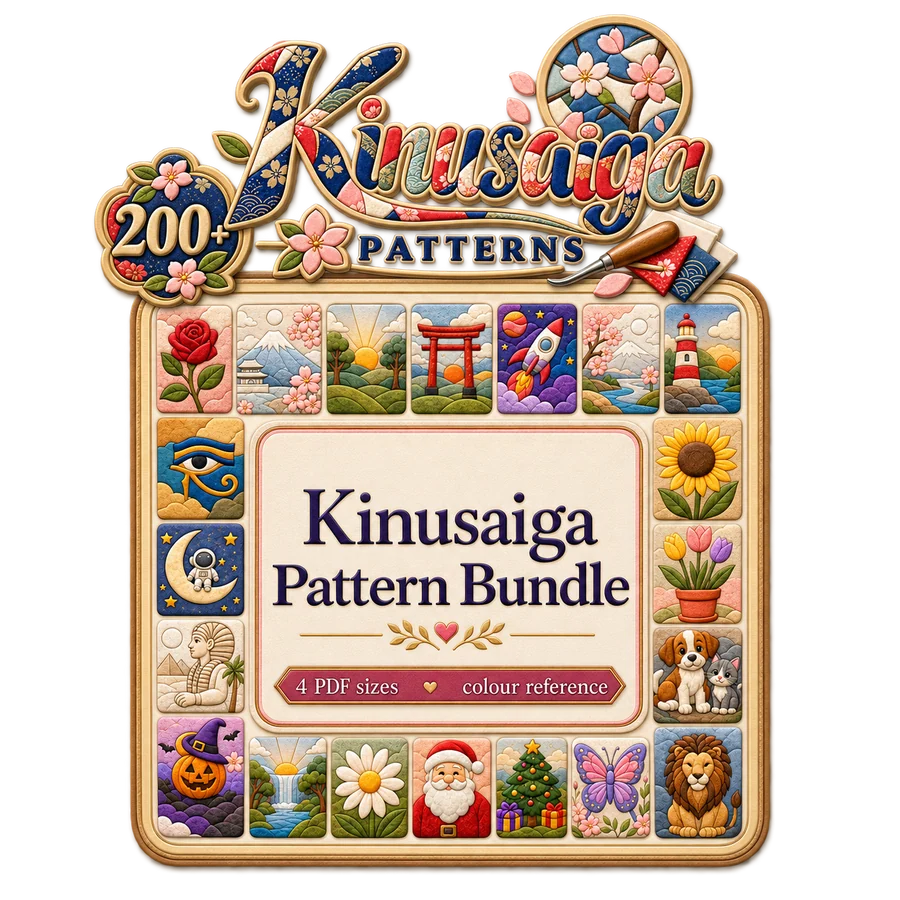 The Kinusaiga Pattern Bundle: 200+ printable no-sew templates spanning flowers, animals, landscapes, festive and Japanese designs