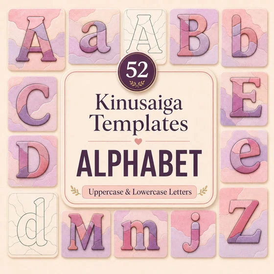Alphabet: 52 Kinusaiga templates covering uppercase and lowercase letters
