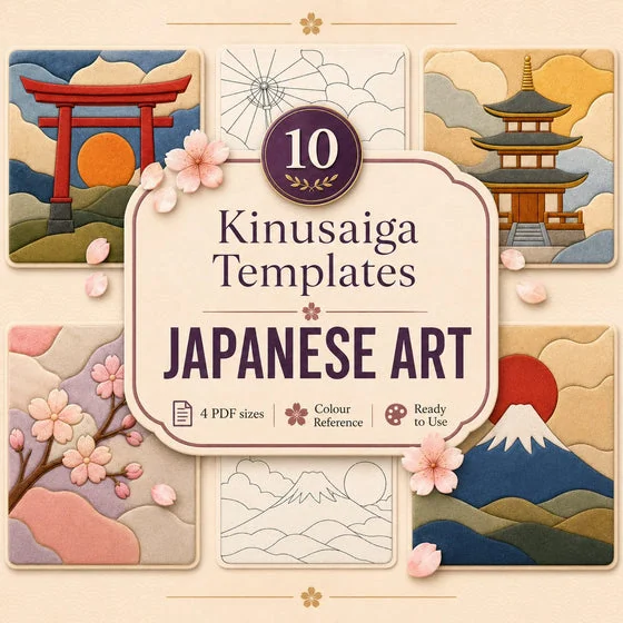 Japanese art: 10 Kinusaiga templates including torii gates, blossom and Mount Fuji