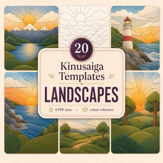 Landscapes: 20 Kinusaiga templates including lighthouses, lakes and sunsets