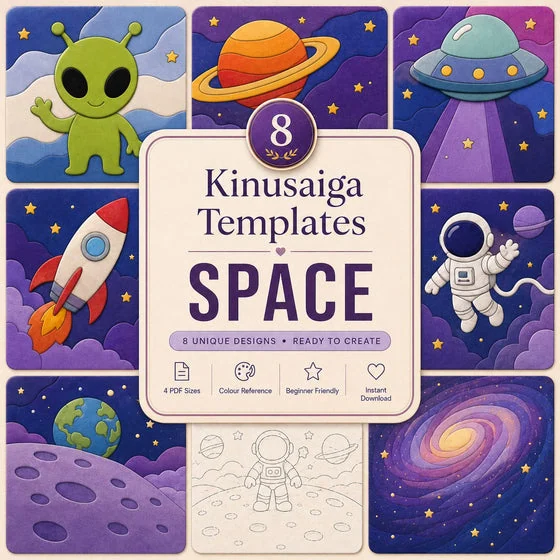 Space: 8 Kinusaiga templates including rockets, planets and astronauts